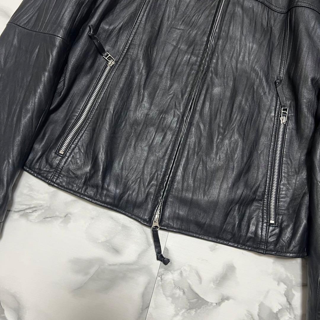 美品】ユニクロ 羊革 レザージャケット ライダース シワ加工 ブラック
