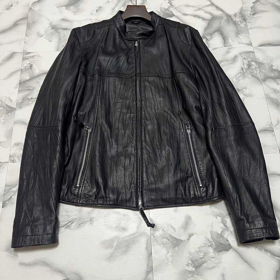 美品】ユニクロ 羊革 レザージャケット ライダース シワ加工 ブラック