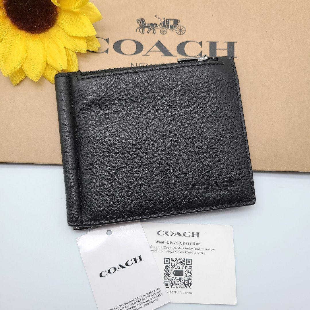 COACH マネークリップ 新品 ブラック ペブルレザー 黒 メンズ 新品 COACH マネークリップ 折り財布 メンズ 人気の小銭入れ付き