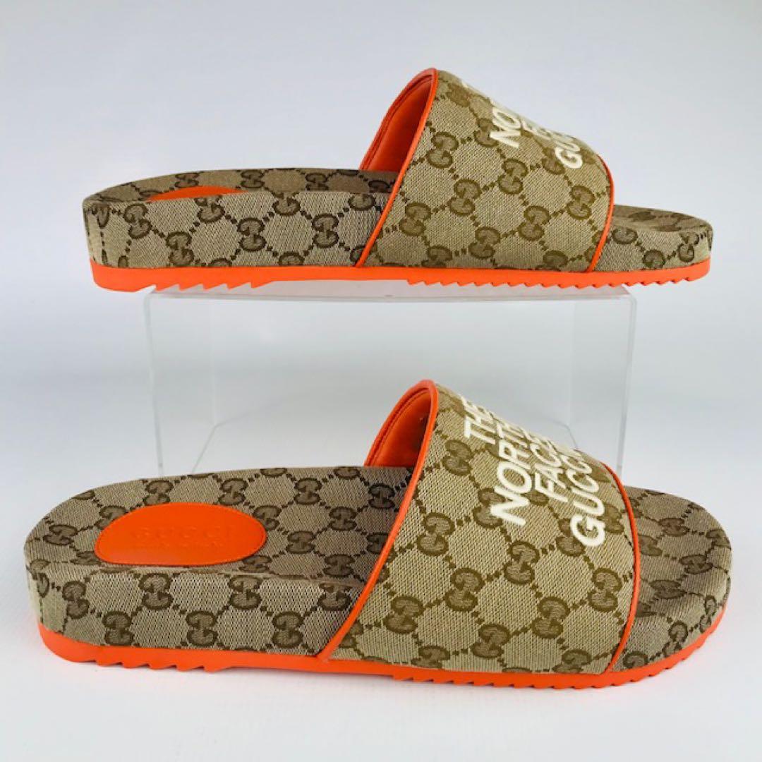 新品同様☆グッチ×ノースフェイス・レザー GGモノグラム柄 サンダル(10