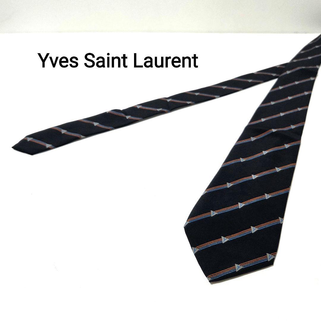 イヴサンローラン ネクタイ ネイビー ストライプ YSLロゴ シルク