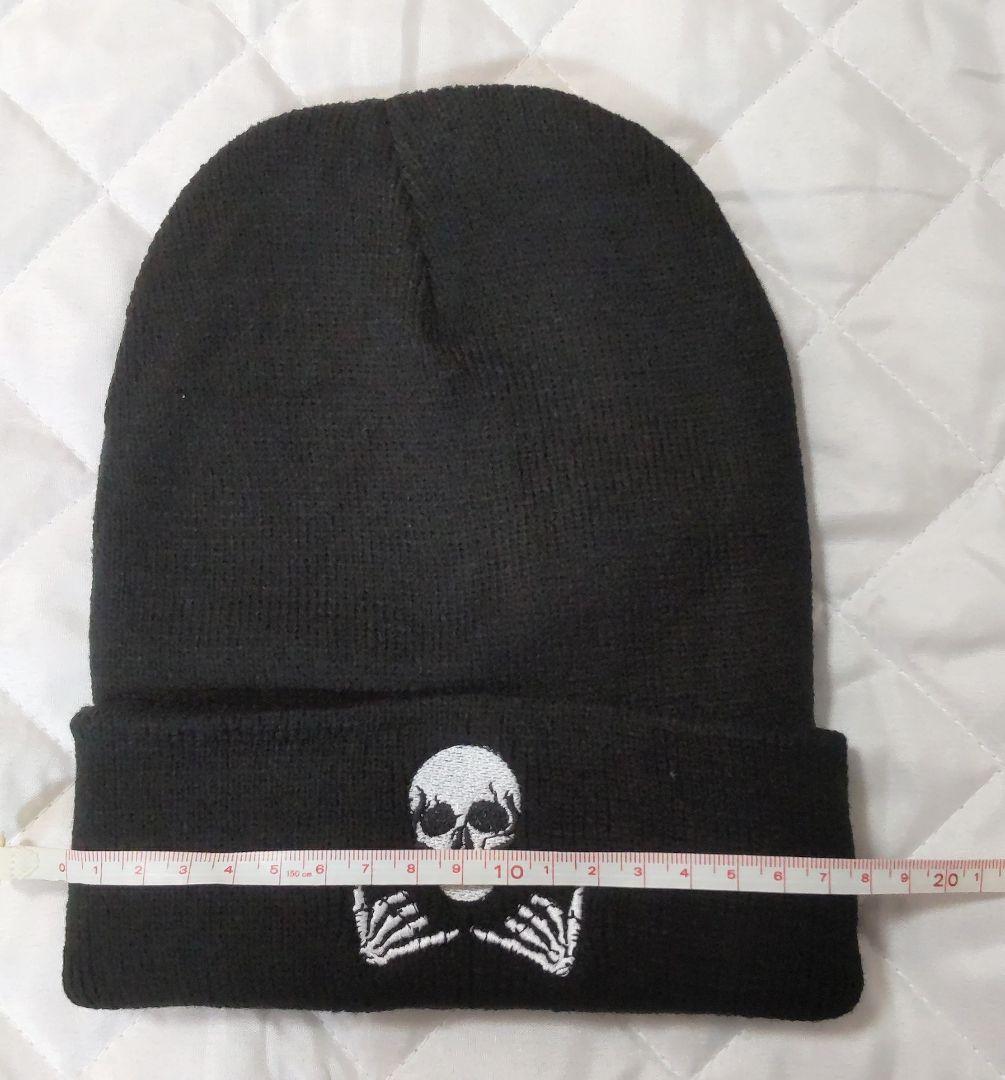 帽子 ニット帽 ビーニー スカル ドクロ ガイコツ 骸骨 刺繍 新品 黒