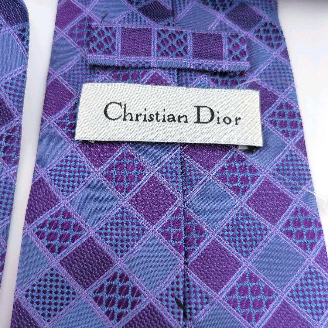 美品 クリスチャンディオール ネクタイ シルク100% 紫×水色 チェック柄
