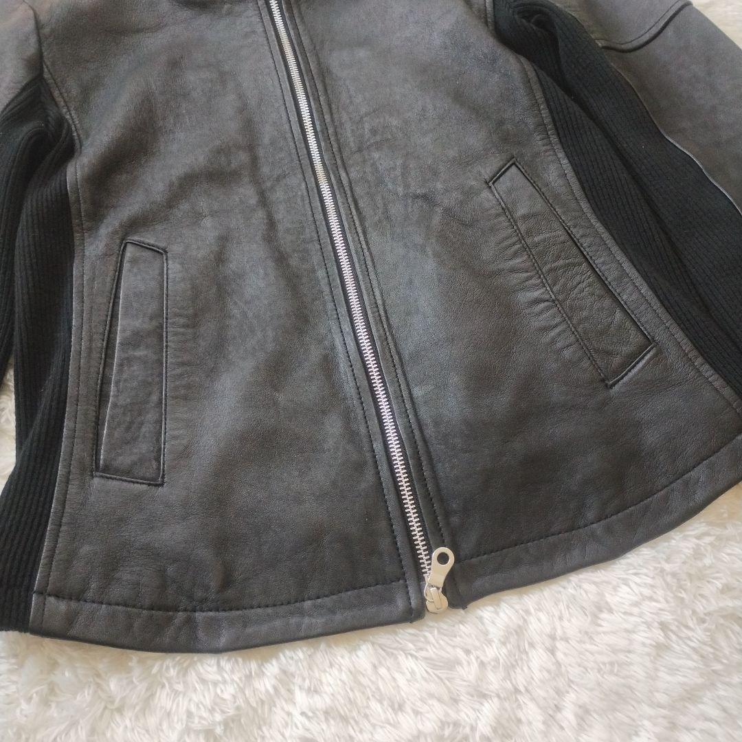 美品✨NO ID. ラムバフィングフーデッドBLZ レザージャケット M 黒