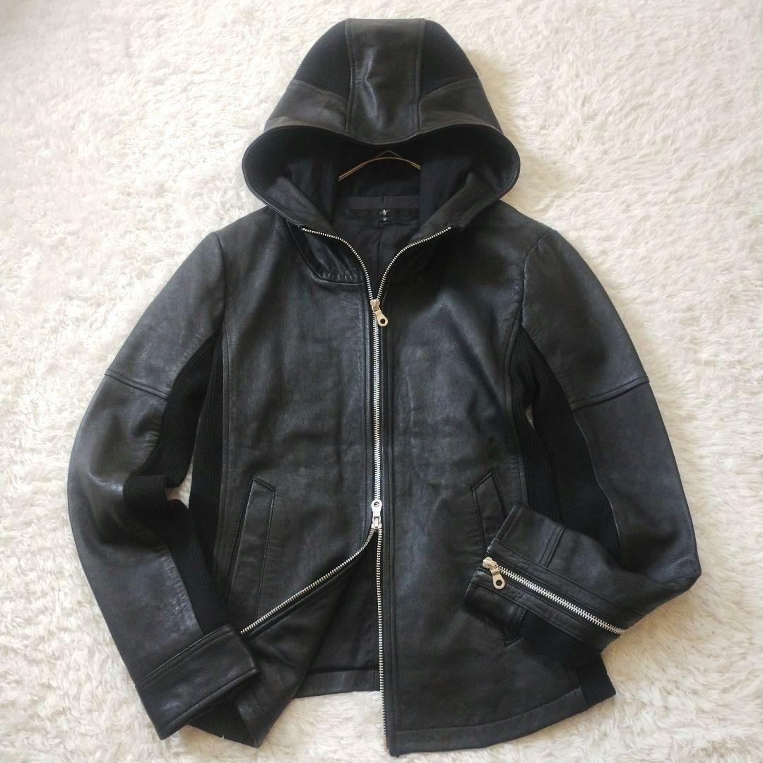 美品✨NO ID. ラムバフィングフーデッドBLZ レザージャケット M 黒