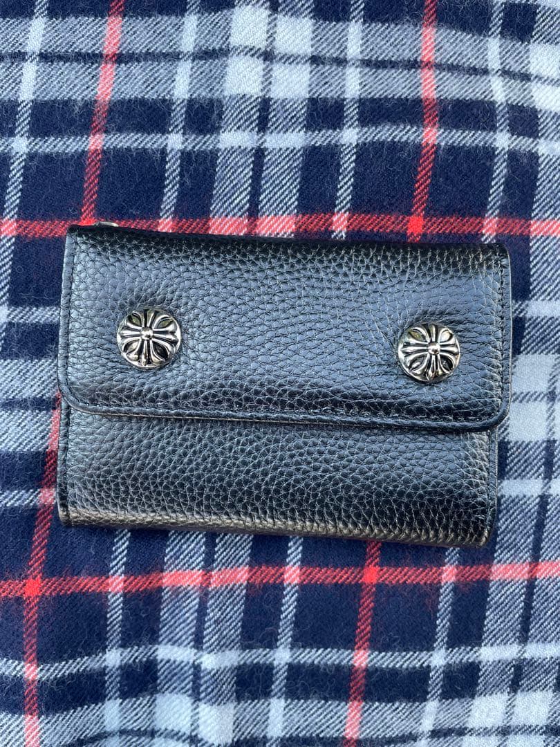 黒いレザー　三つ折り財布　アメカジ　クロスボール　ストリート　ウェーブミニ クロムハーツ ウェーブミニ クロスボールボタン レザーウォレット