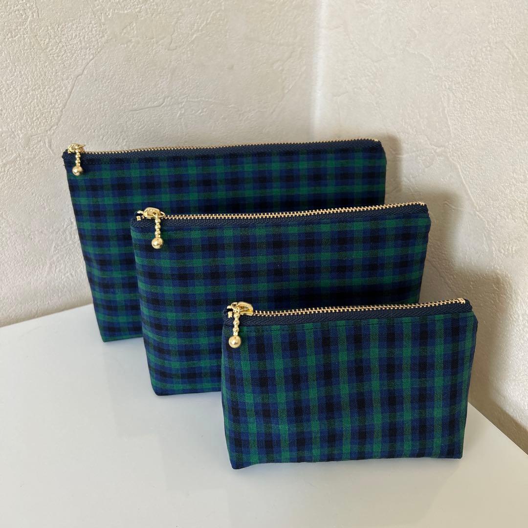 ファミリア風緑チェックポーチ3点セット - メルカリ