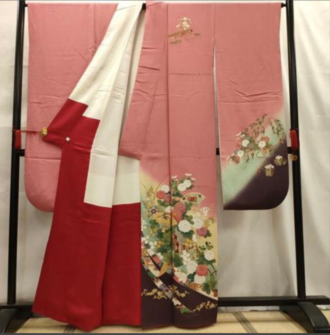 振袖 フルセット6点サイズS〜M 駒刺繍 扇面鳳凰花車文 暈し染め 金彩