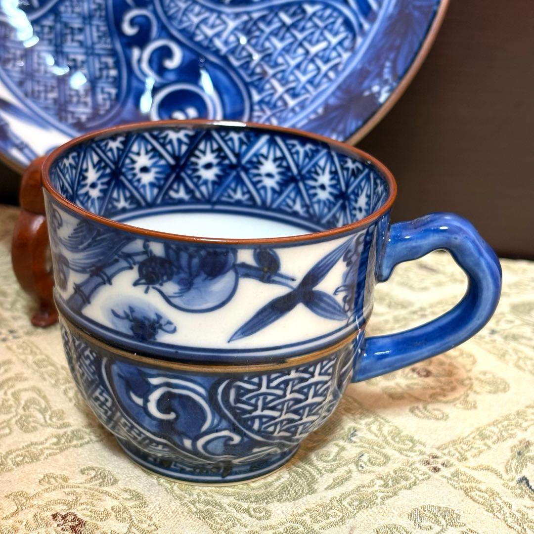 未使用保管品✨京焼 清水焼 加藤利昌作 青華花鳥祥瑞文 珈琲碗皿 1客