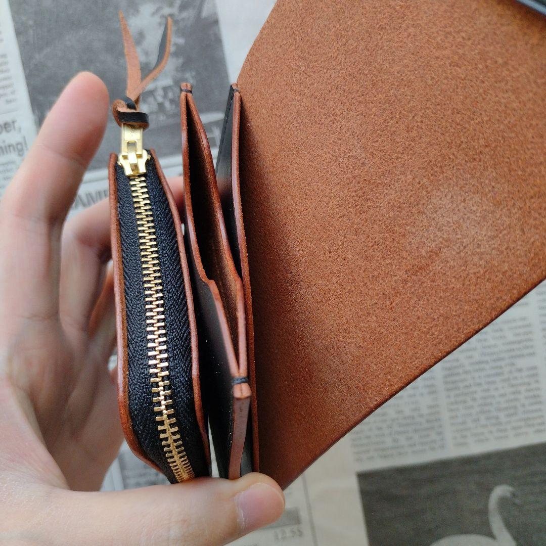 茶芯 3層 ショートトラッカー ウォレット 栃木レザー ハンドメイドの