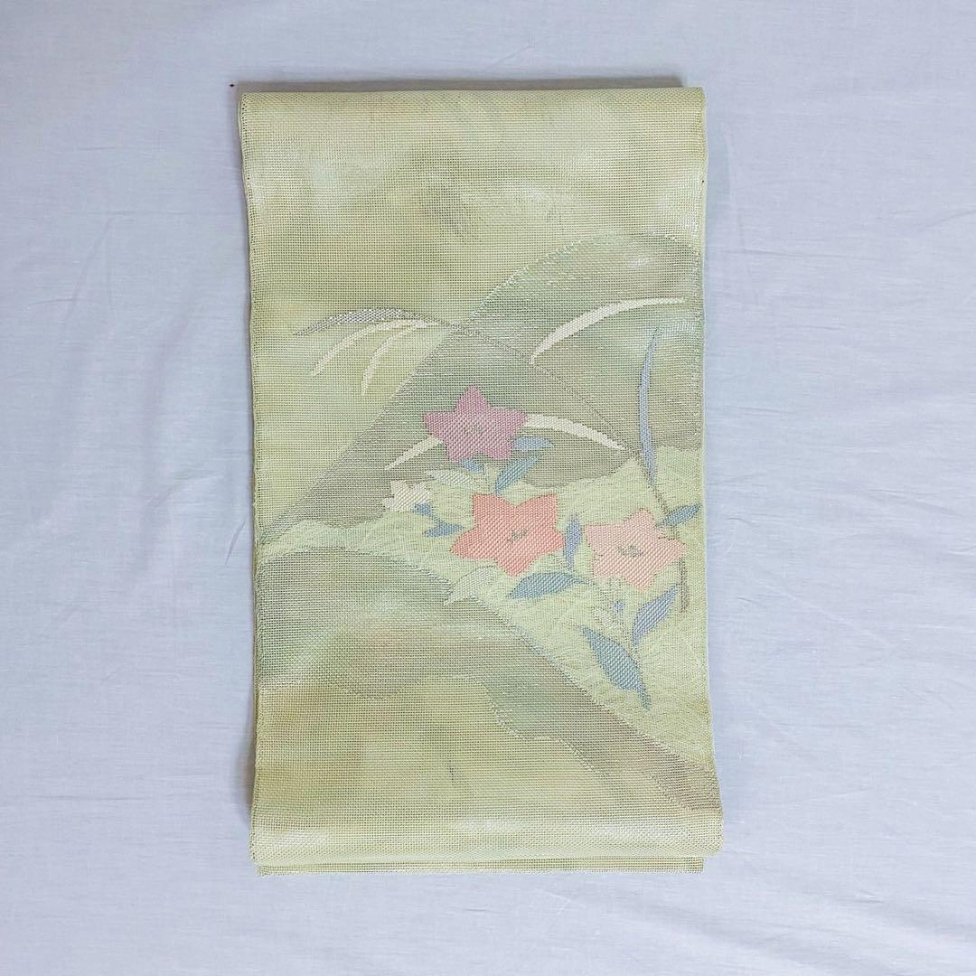 美品 単衣 正絹 紋付 色無地 フルセット 七宝に花菱地紋 西陣唐織袋帯