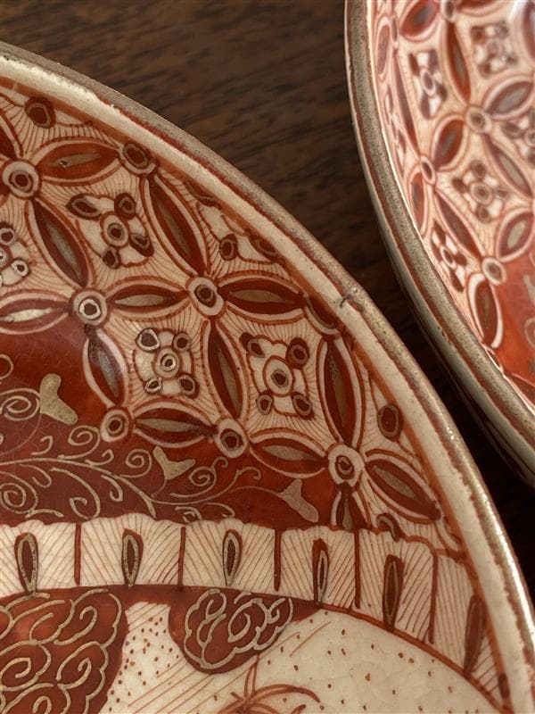 九谷焼 骨董 赤絵竹林賢人図中皿 7枚セット