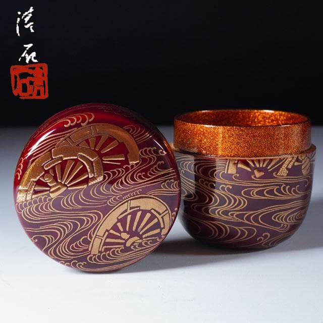 三代 清石（川谷内正廣）波車蒔絵棗 内梨地 共箱 輪島塗 薄茶器 茶道具