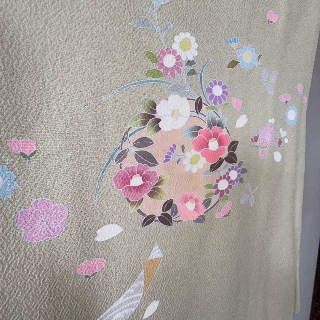 超美品 正絹 袷 現代 正統派 訪問着 着物 163 黄緑 鶯色 手書き 上品