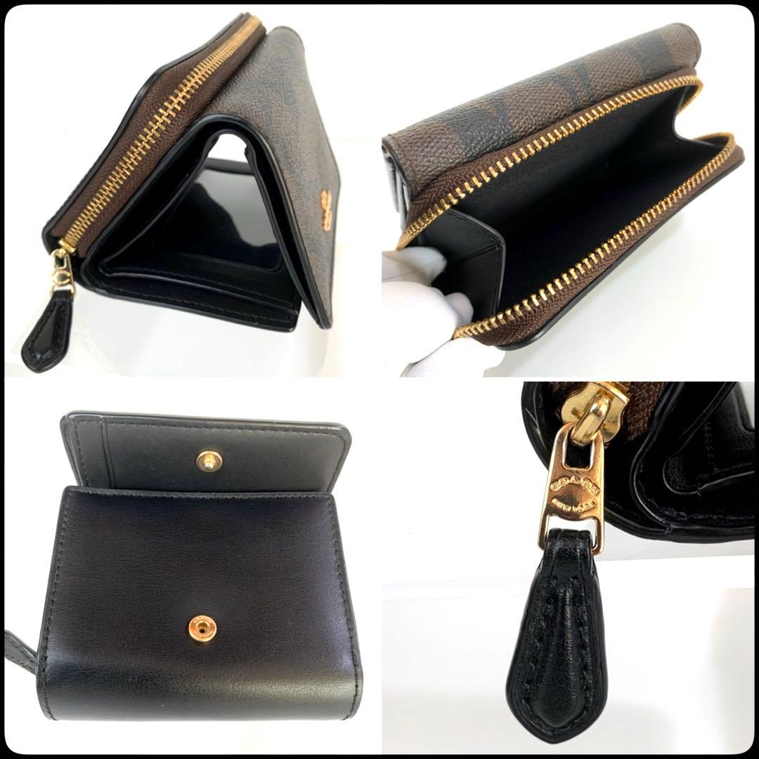COACH コーチ 三つ折り ミニ財布 ダークブラウン×ブラック PVC レザー