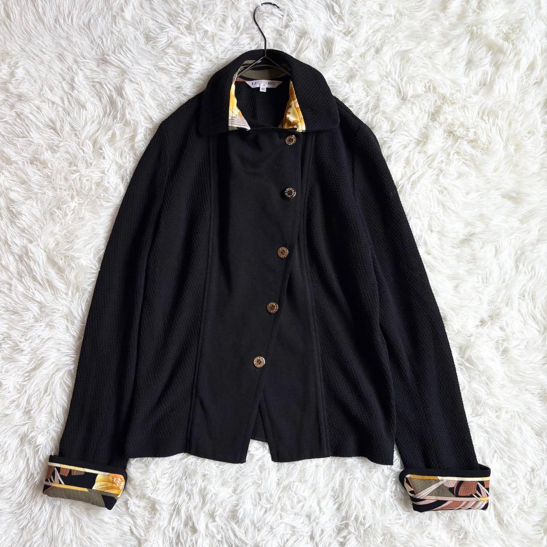 レオナール テーラードジャケット 花柄 トリム 黒 42 大きいサイズ 金