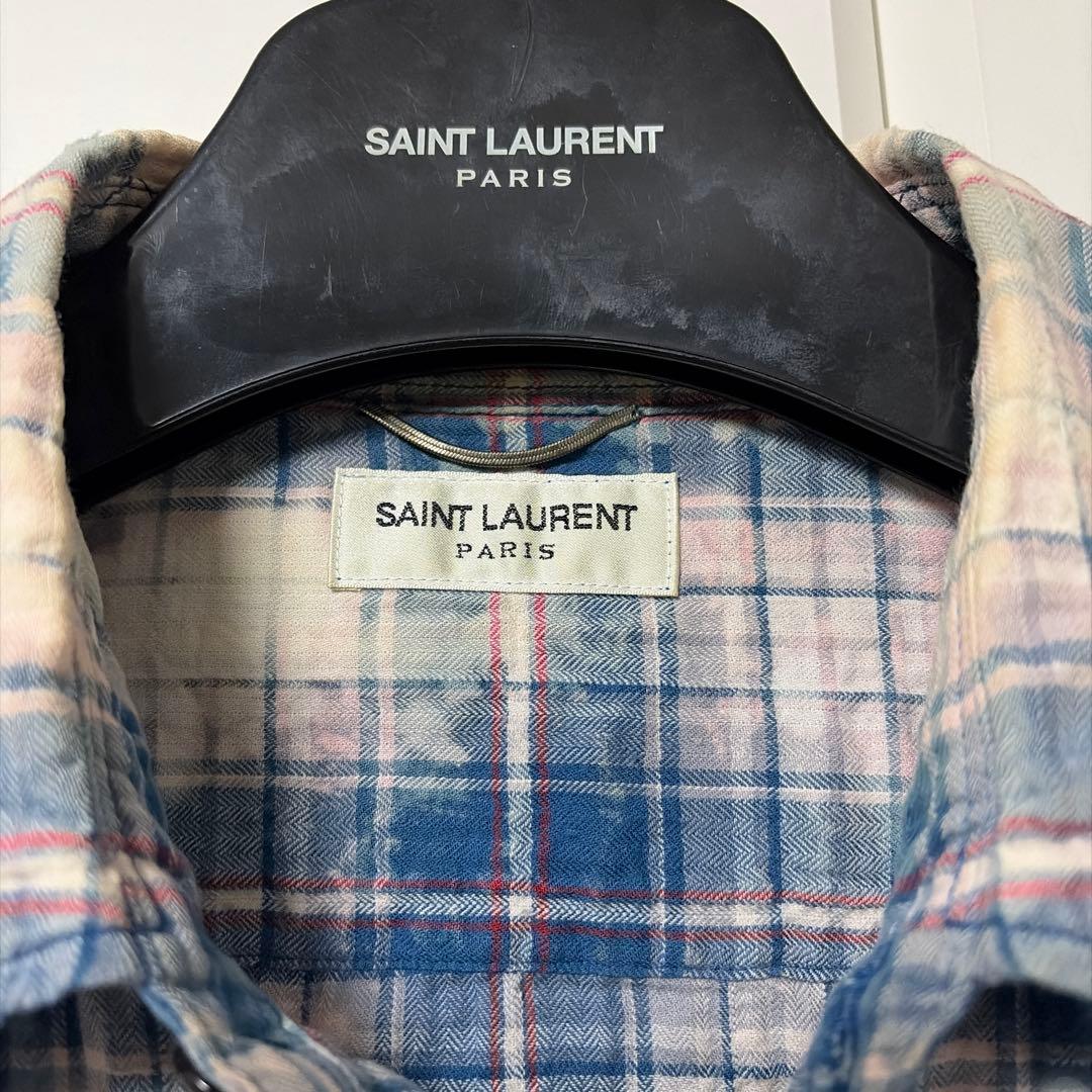 サンローラン ダメージブリーチチェックシャツ M ブルー系 エディ