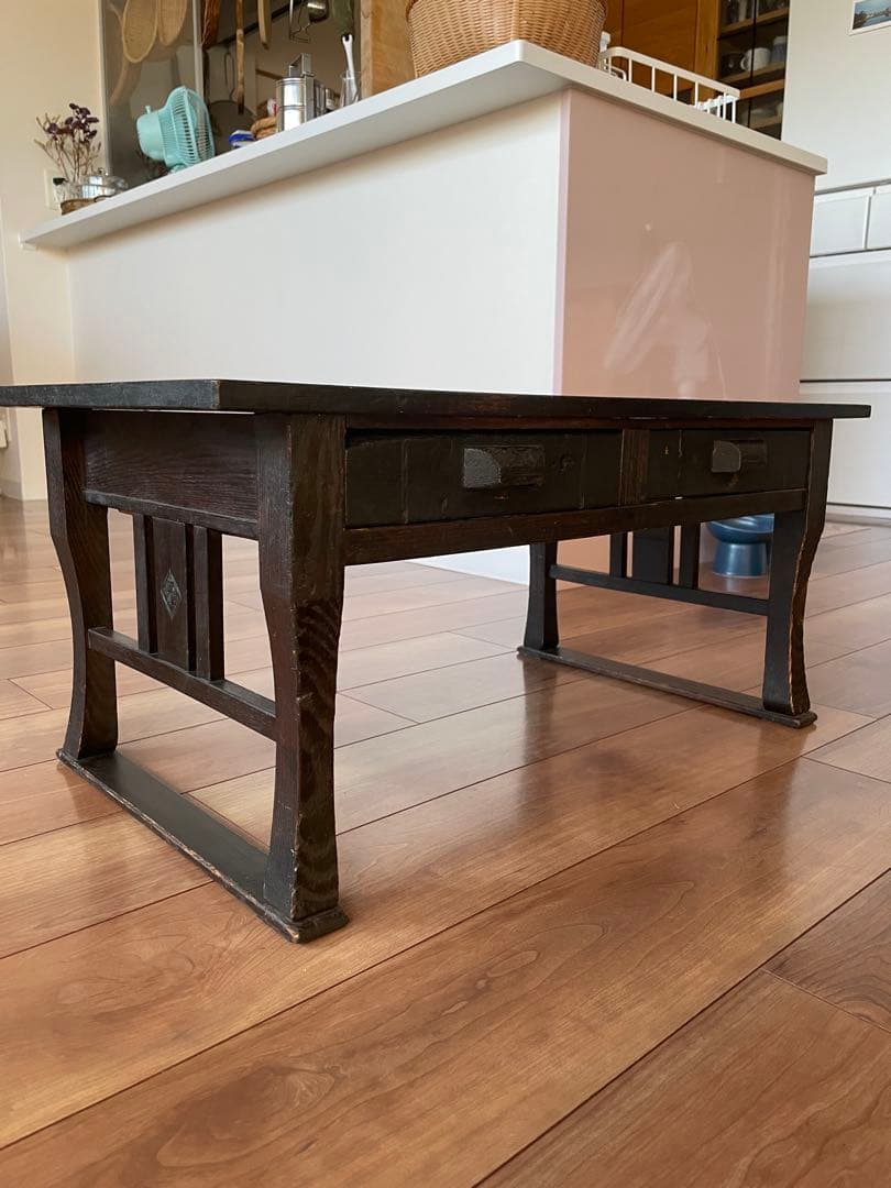 【昭和初期】和風文机 2つ引き出し付き ダークブラウン ケンホープ 文机 引出し付 けやき調 秋草 幅75cm （ 机 つくえ 畳机