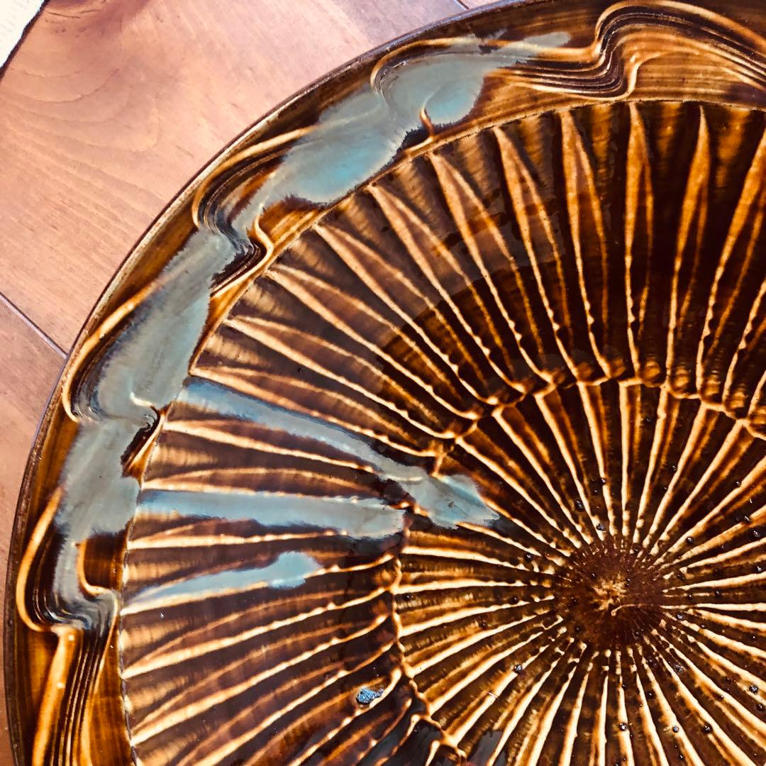 小鹿田焼坂本浩二窯の飴釉刷毛目櫛描尺四寸大皿 大分民藝 検）坂本茂木