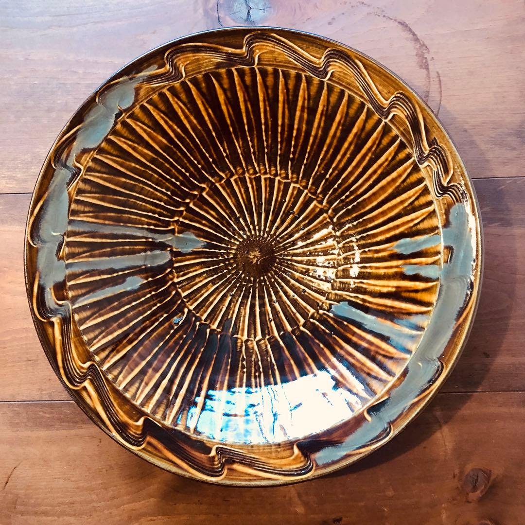 小鹿田焼坂本浩二窯の飴釉刷毛目櫛描尺四寸大皿 大分民藝 検）坂本茂木