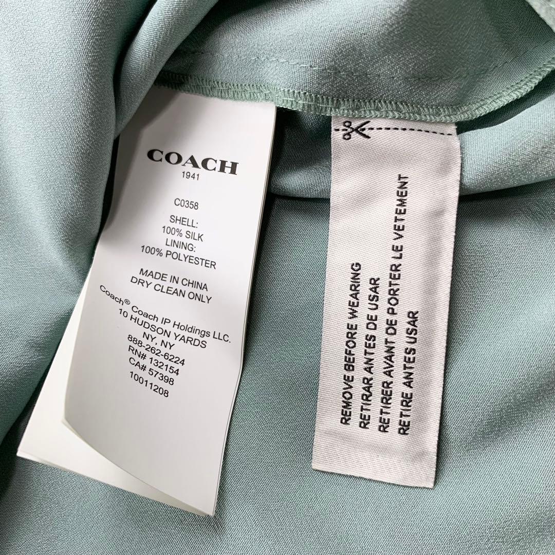 新品 COACH コーチ シルク100% シフォンワンピース 総柄 グリーン系