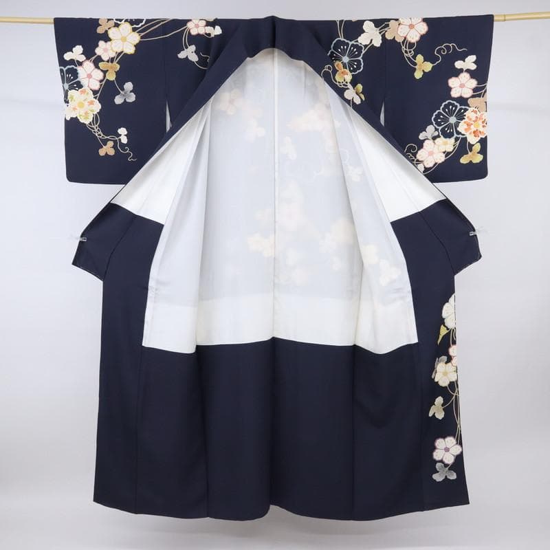 《st★長尺■訪問着■彩り花枠に吉祥文の花々植物■濃紺◆HA3-23》