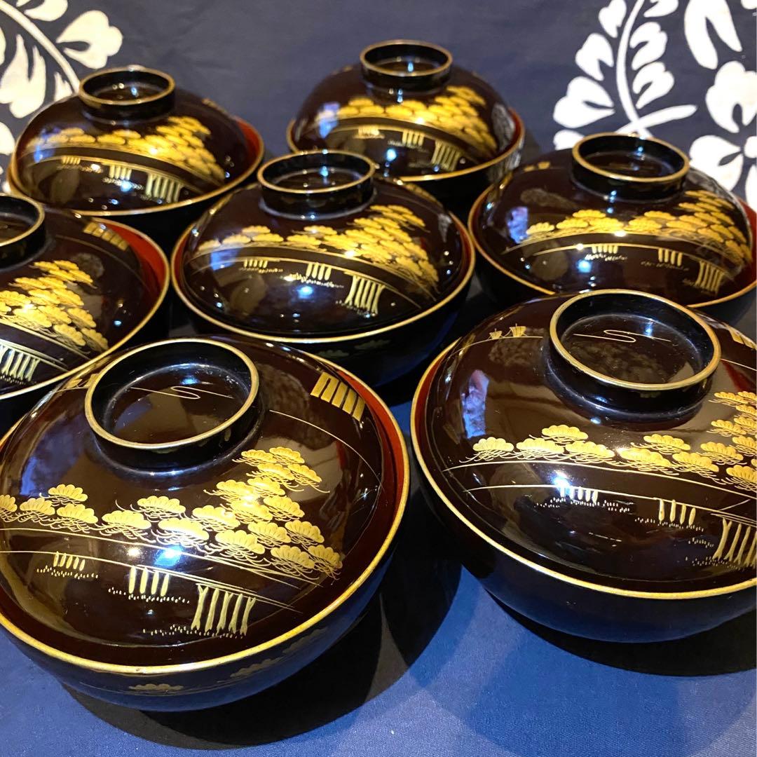 時代物骨董 木製漆器吸物椀七客 蒔絵・黒内朱 源氏物語 松風・葵