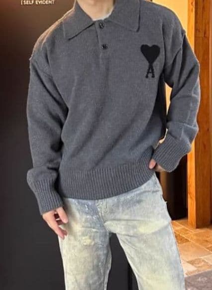 新品 AMI PARIS グレー ニットポロシャツ ハート刺繍 Mサイズ - メルカリ