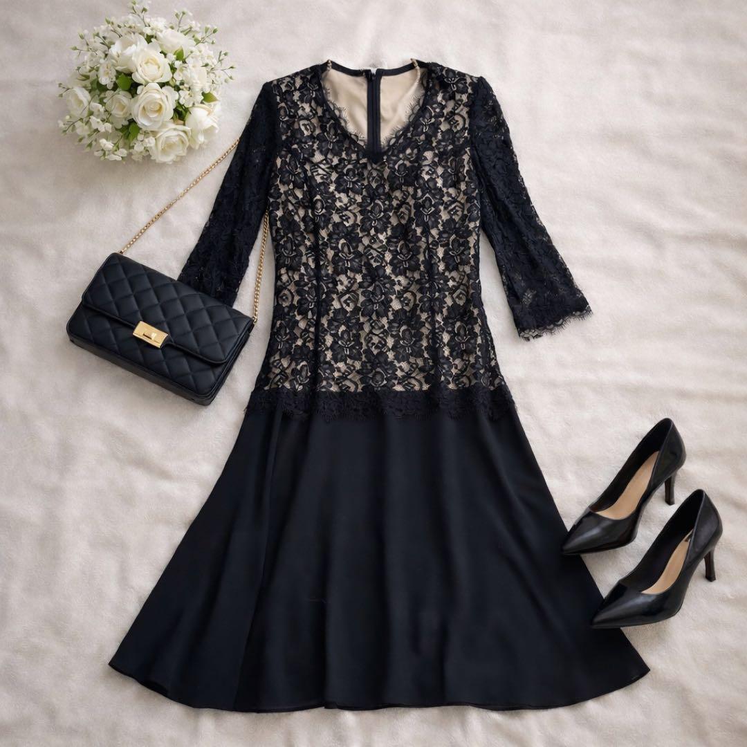 美品 クリスセリーン フラワーレースワンピースドレス ブラック サイズ