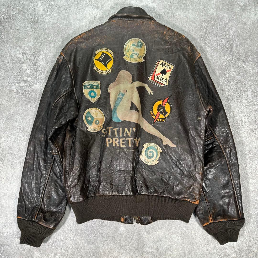 AVIREX レザーフライトジャケット　A-2 XS ブラウン　革パッチ　本革 AVIREX（アヴィレックス） A-2 プレーン フライト レザー ジャケット