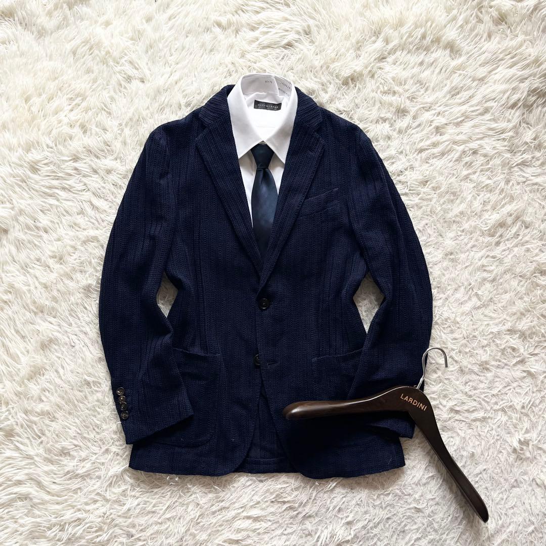 <美品>LARDINI LIKNIT ネイビー 新ロゴ ニットジャケット 44 ラルディーニ ジャケット メンズ コットン シングル ニットジャケット