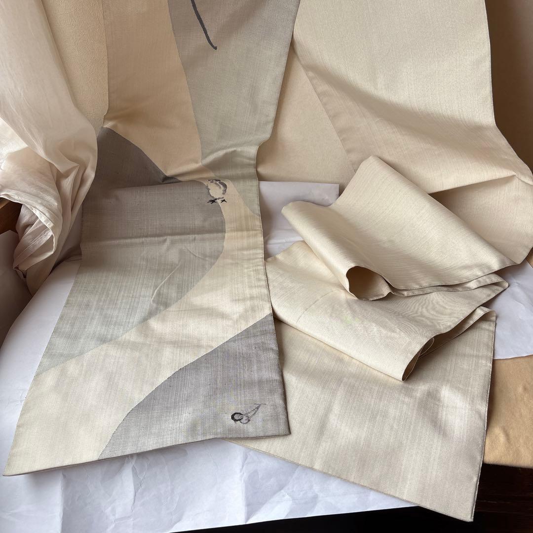 可愛いすずめ絵 織物のアート 紬袋帯 作家物