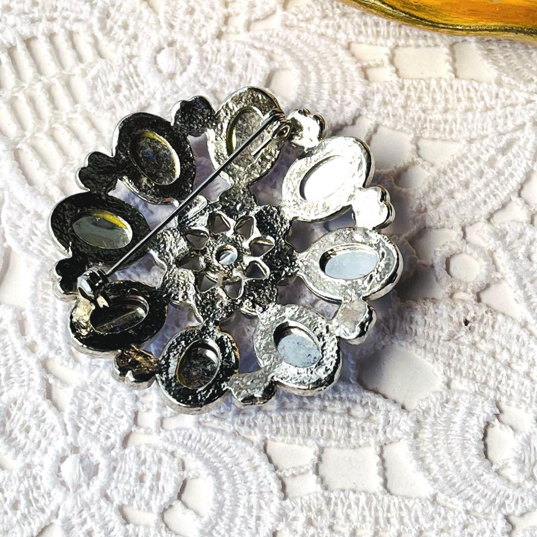 1293 ヴィンテージ ブローチ 青 カボション 花 ハート シルバー ブルー