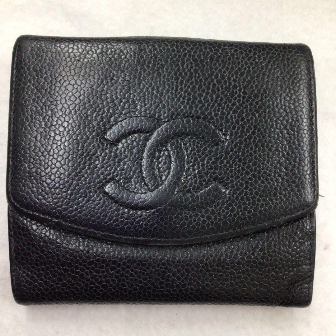 シャネル キャビアスキン Wホック二つ折り財布 ブラック ココマーク