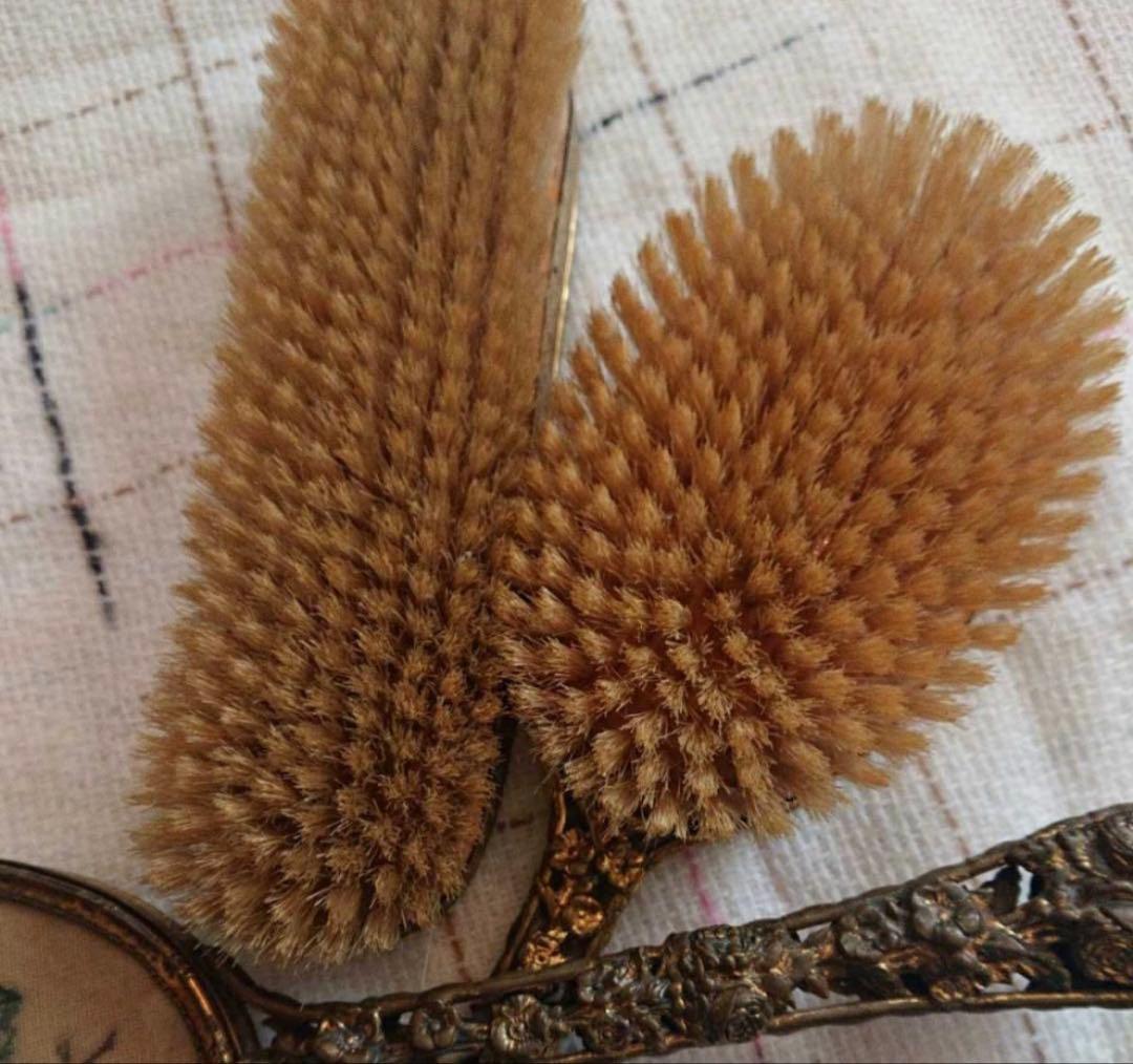 アンティーク ブラシ・鏡セット ミラー ヴィクトリアン 手鏡 刺繍 花柄