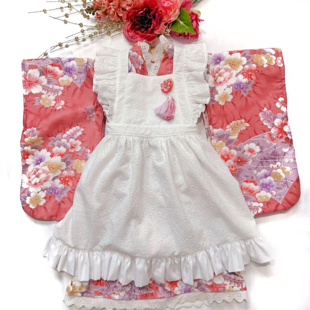 ⚪︎3歳七五三着物⚪︎大正ロマン古典ピンク和柄フリルエプロンセット