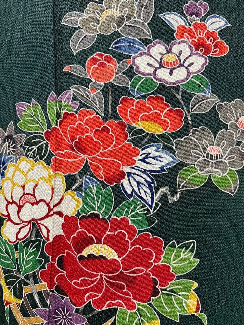 振り袖 フルセット 浜ちりめん 別誂長襦袢 深緑 個性的 友禅 成人式