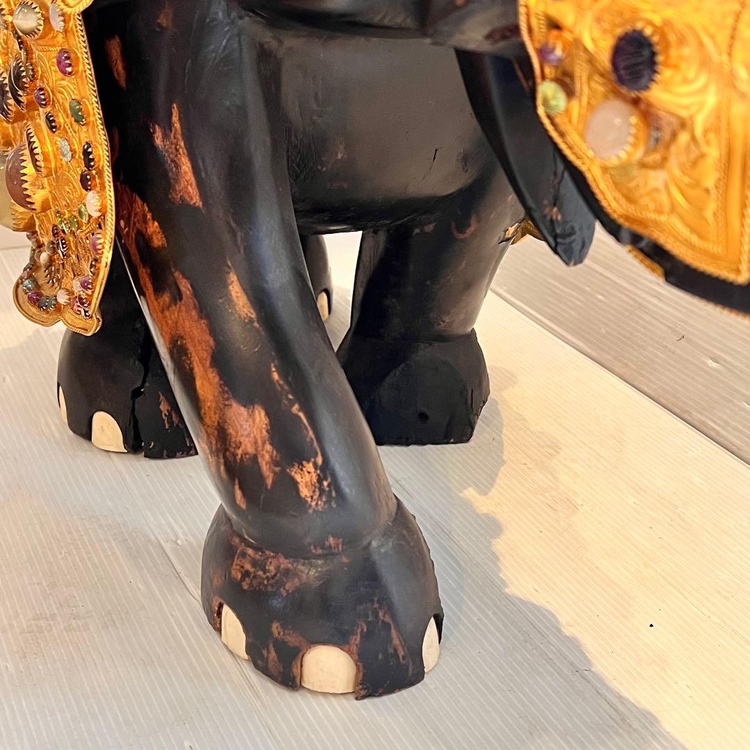 鑑定書あり 希少 中国美術 木彫 宝石飾 特大 象 置物 飾り物