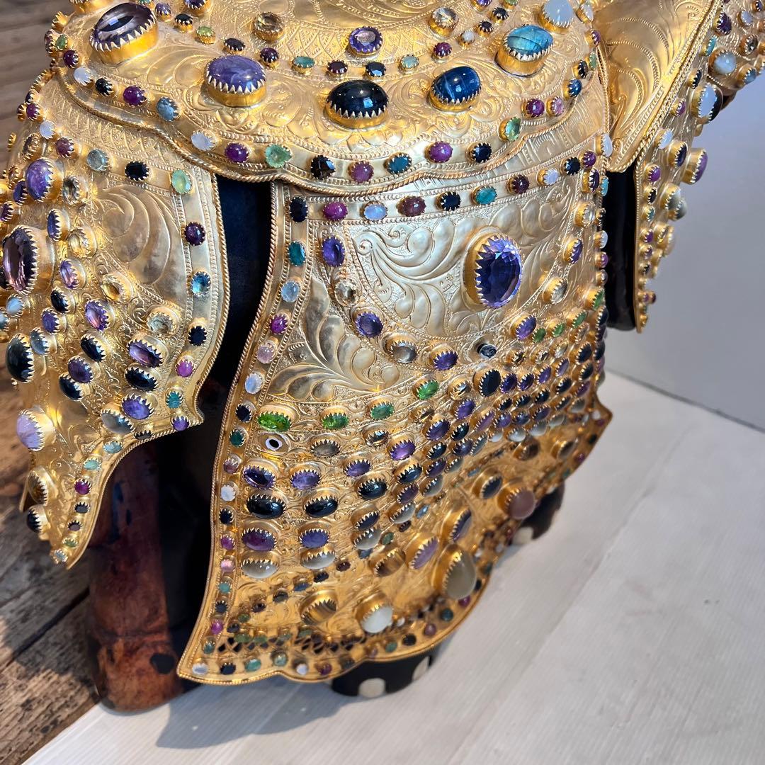 鑑定書あり 希少 中国美術 木彫 宝石飾 特大 象 置物 飾り物