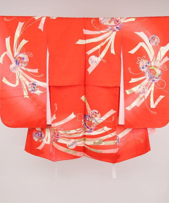 七五三着物11点セット7歳 女の子 束ね熨斗に鞠 子供着物 赤 化繊 11RR2