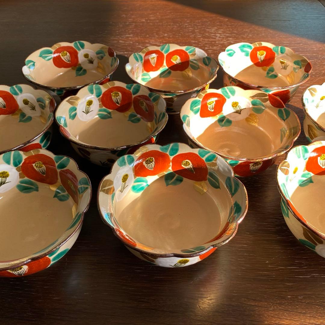 乾山写　京焼　椿向付5客 新品未使用　 お造りの器 🔷色絵椿文向付🔷 #色絵 #乾山 #乾山写し #椿 #日本の食事 #蓋 #京焼