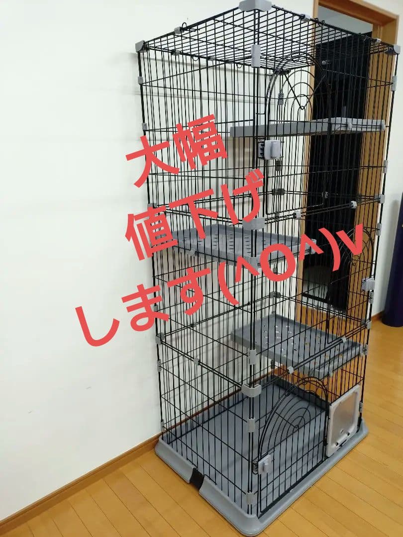 キャットケージ 大きめ 黒 金属製 3段棚付き ペットケージ 大型 スチール製 3段 ペットゲージ キャスター付き