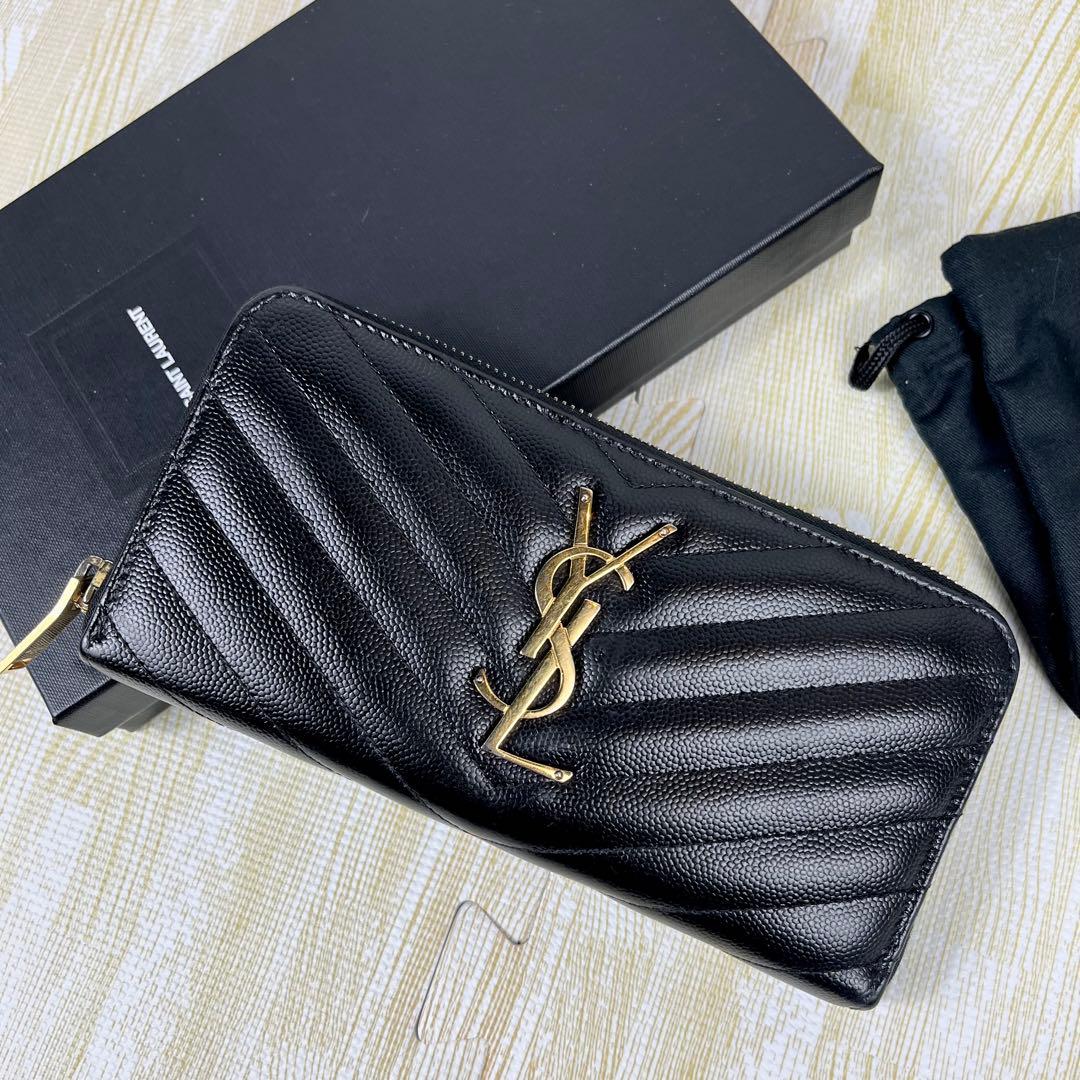 サンローラン 長財布 カサンドラ ラウンドジップ ブラック 黒 キャビア