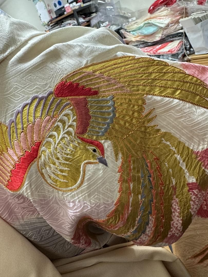 千總 白×ピンク地×ブルー 桶絞り 鳳凰 金駒刺繍 振袖 川島織物フル