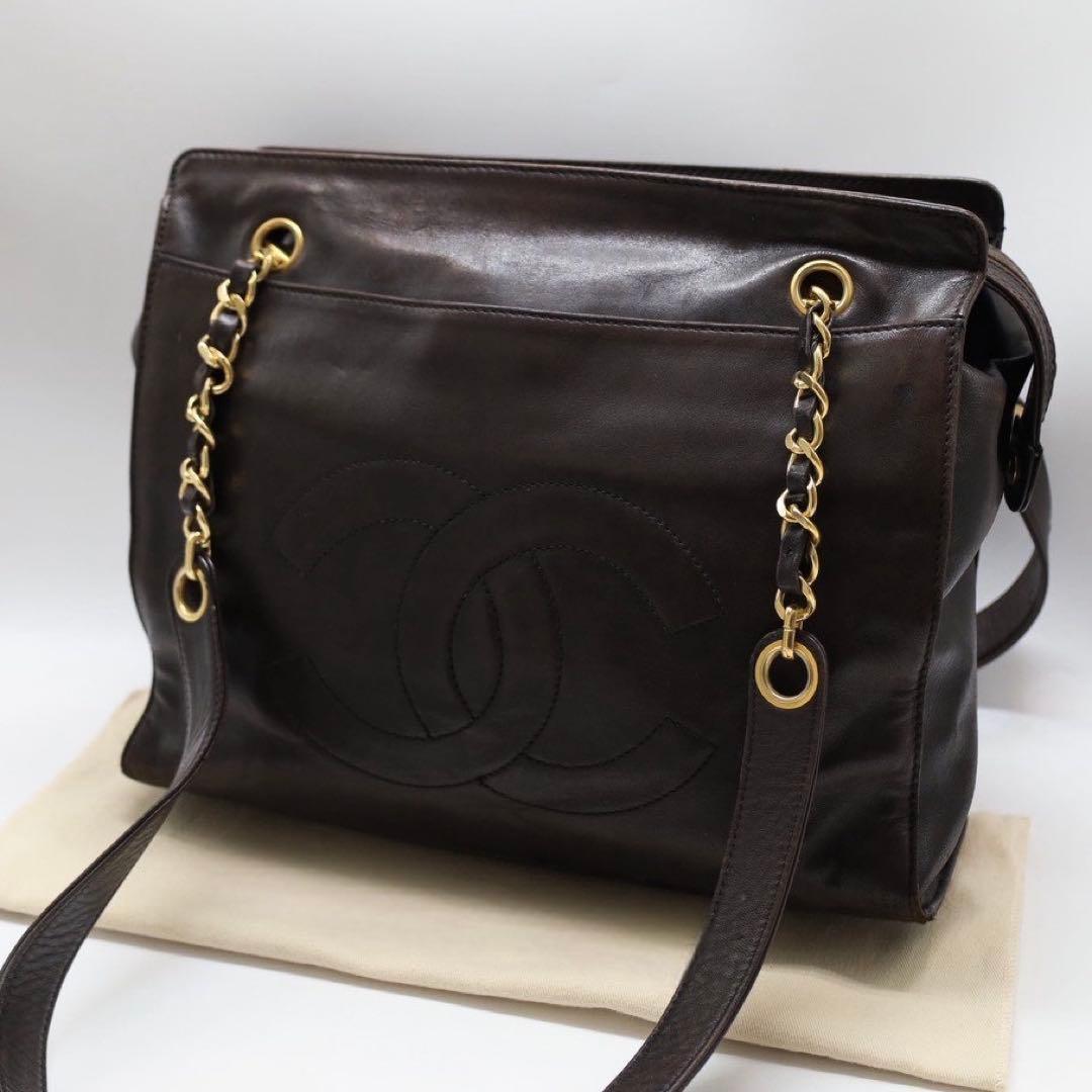 【美品❗✨】 シールあり　シャネル　トートバッグ　ラムスキン　ココマーク　こげ茶 美品❗✨】 シールあり シャネル トートバッグ ラムスキン ココマーク