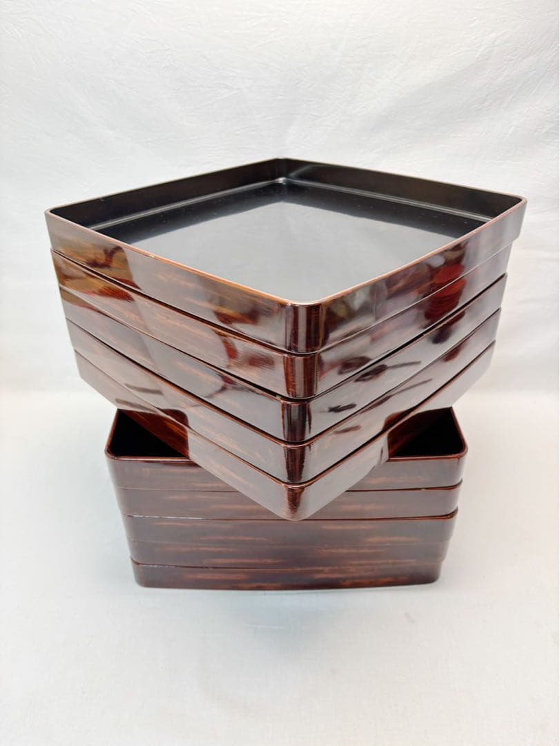 美品 懐石道具 木製 溜塗 四方膳 会席膳 十客組 宴会盆 銘々盆 平膳 箱無 紀州塗り 仏膳セット お仏壇用 日本製 5寸 15cm 低型 仏器膳セット