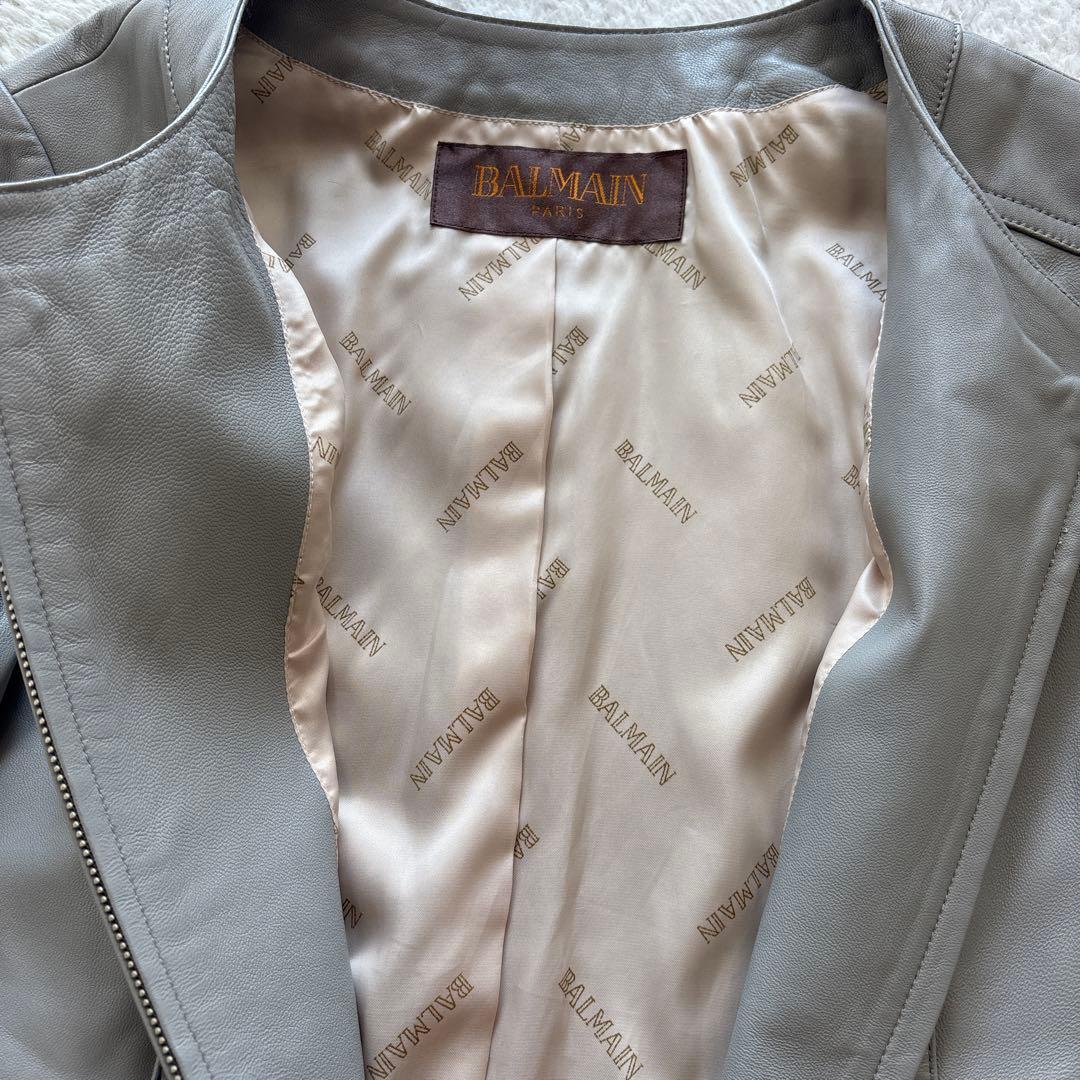 BALMAIN バルマン ラムレザージャケット ノーカラー 羊革 13号 グレー