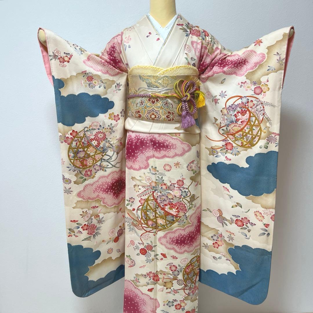 446 振袖フルセット 正絹 岩田専太郎 金彩 駒刺繍 絞り クリーム 青 紫