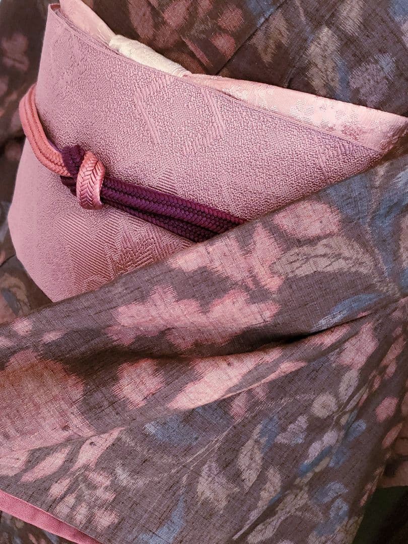 スモールサイズ＊】辻が花の紬 茶色 ピンク 正絹 特価☆
