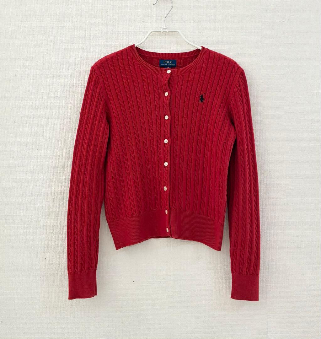 ポロ ラルフローレン ケーブル ニット カーディガン レッド 現行QRタグ